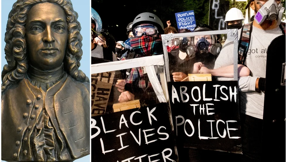 Att amerikanska debattörer har ett anglosachsiskt perspektiv är begripligt, skriver Bo Östen Svensson, men internationellt bör debatten inte begränsas så snävt. Till vänster Carl von Linné, till höger en Black Lives Matter-demonstration i Oregon, USA.