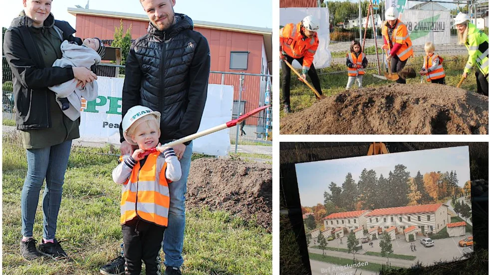 Malin och Eric Svalling Druid med barnen Holger och Emil har köpt ett av Peabs nya radhus i bostadsrättsform i Sturefors. På torsdagen togs första spadtaget och nästa höst väntar inflyttning.