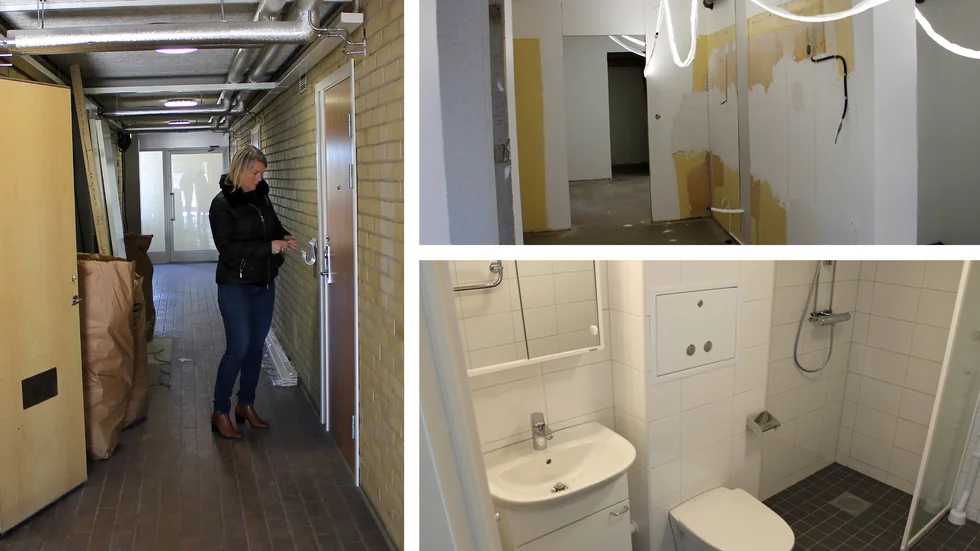 Karin Jönsson, Fastighetschef på Platen visar runt i höghuset på Timmermansgatan.