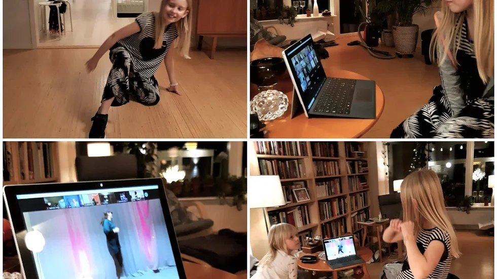 Mathilda Fritz Lundqvist, nio år, Piteå dansade hip-hop hemma i vardagsrummet när Marie Tuvemo på Beats dansstudio anordnade en coronaanpassad dansklass. Med och tittade på var lillasyster Hillevi Fritz Lundqvist, 7 år

