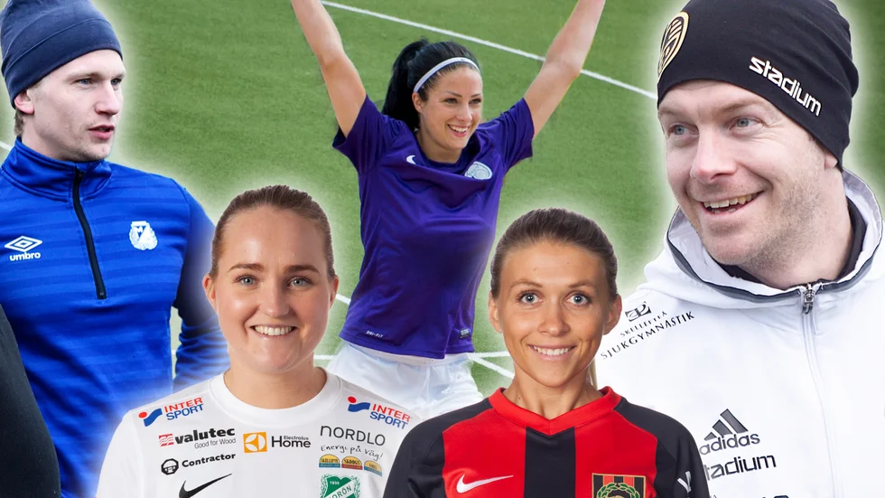 Simon Åström (vänster), Jennie Hällström (mitten), Dan Burlin (höger), Alice Schönfeldt (fram till vänster) och Mirjam Lindgren är några av snackisarna i den lokala fotbollen just nu. 
