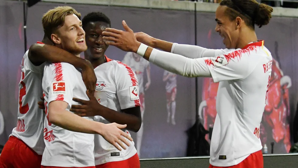 Leipzigs Emil Forsberg, till vänster, och Yussuf Poulsen, till höger. Arkivbild.