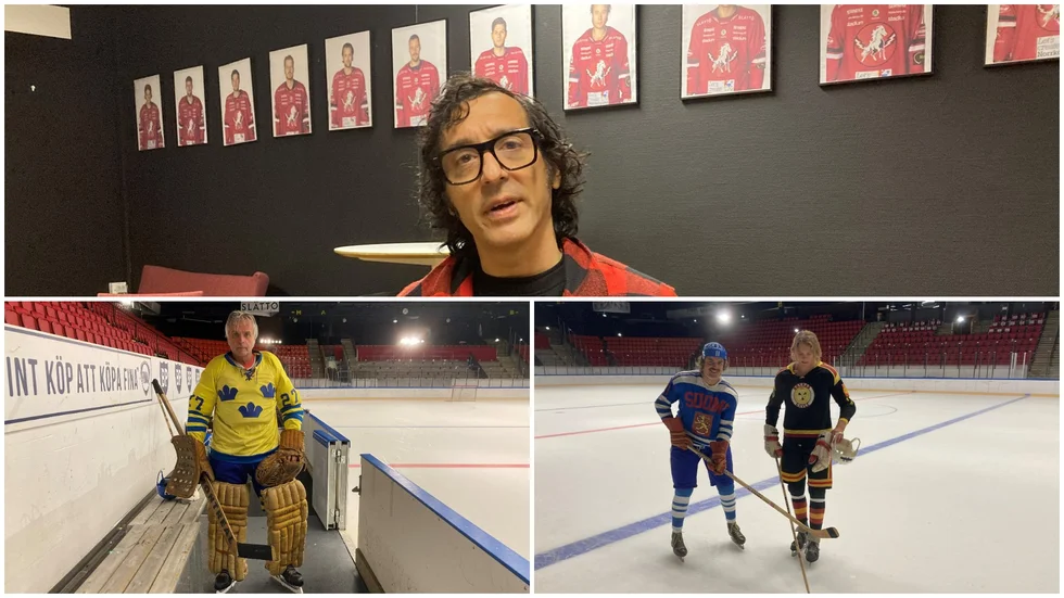 Regissören Amir Chamdin. Hans Sandberg med en målvaktsutrusningen som det såg ut när han själv fanns i den positionen i Vita Hästen under 70-talet. Pontus Palmborg och Niclas Sandström är statister från Norrköping.