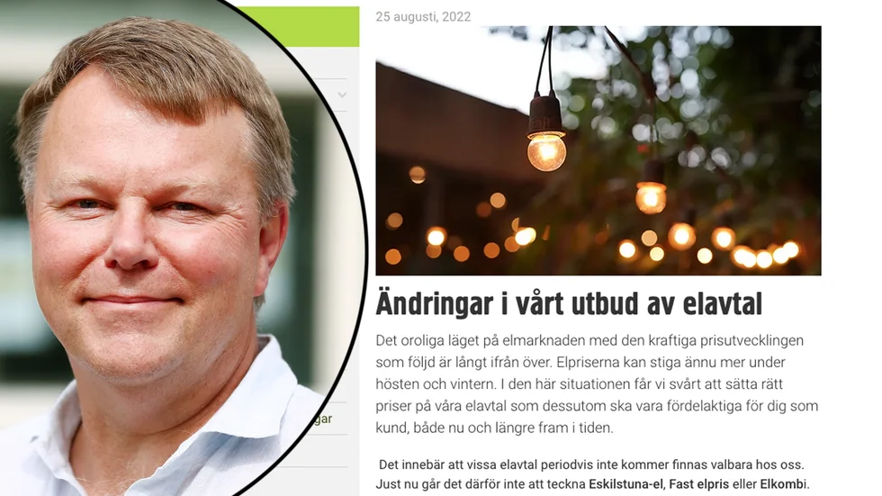 EEM och Sevab stoppar bindning av elavtalen Fast elpris och Elkombi. Fredrik Stake, chef för marknad och försäljning på Eskilstuna Strängnäs Energi och miljö, ESEM.
