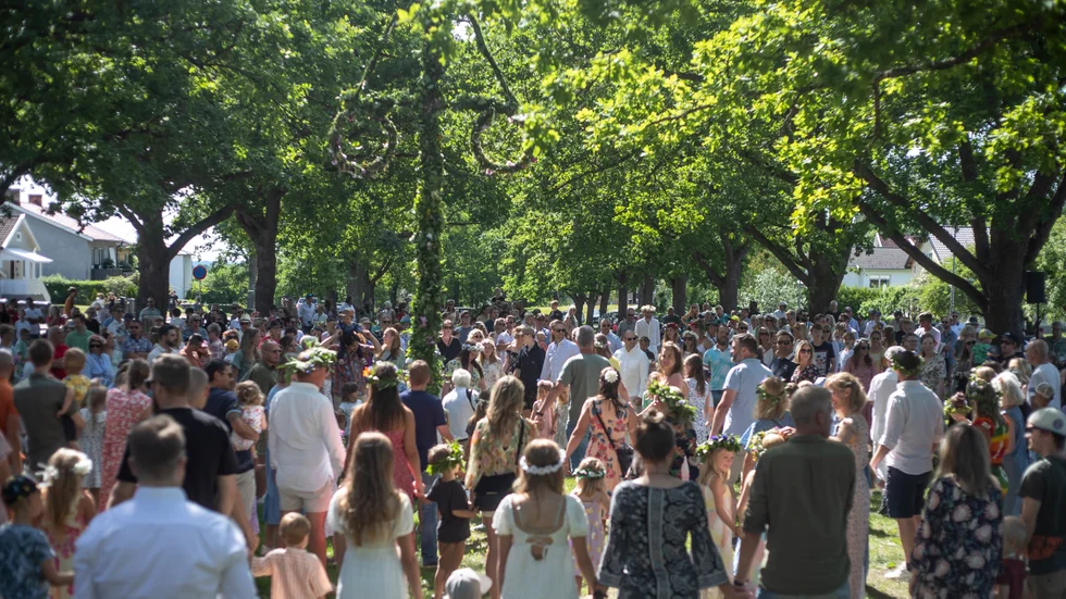 Man ur huse. Ja, man kan tro att varenda Borensbergsbo var på plats för att dansa runt midsommarstången. Att få till alla leden tog nästan mer tid än vad själva dansen sen gjorde. 