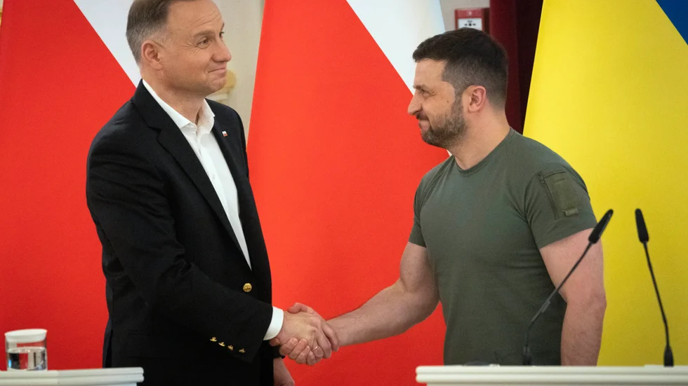 Polens president Andrzej Duda och Ukrainas president Volodymyr Zelenskyj under en gemensam presskonferens i Kiev på onsdagen.