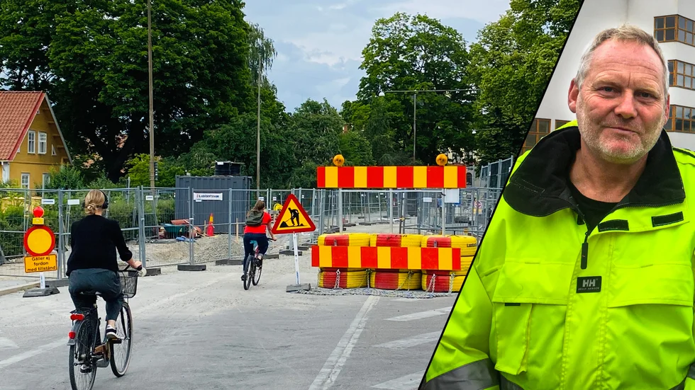 Hamngatan är avstängd för trafik förbi Rothoffsparken. Per-Erik Andersson är byggledare på kommunen.