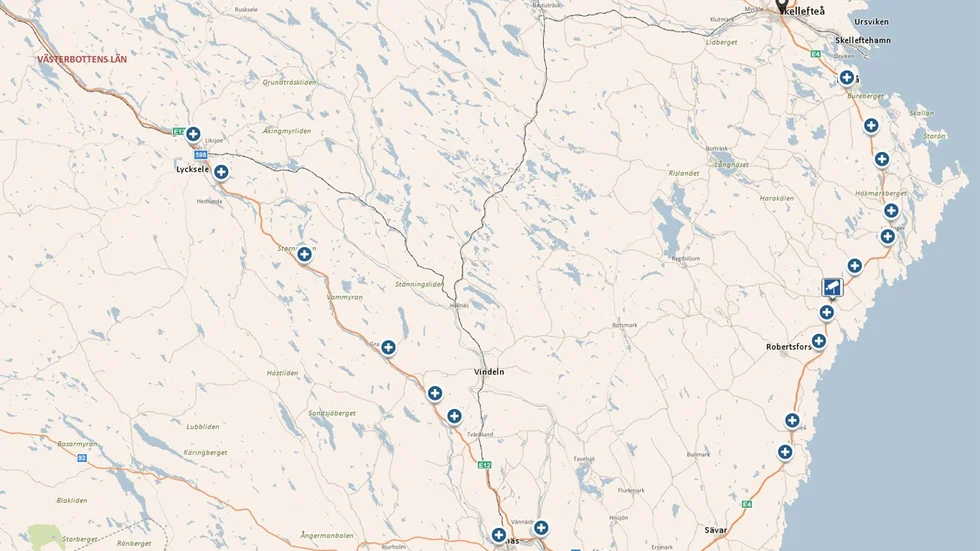 Här är fartkamerorna som finns vid vägarna i Västerbottens län före de nya monteras upp. Illustration: Trafikverket