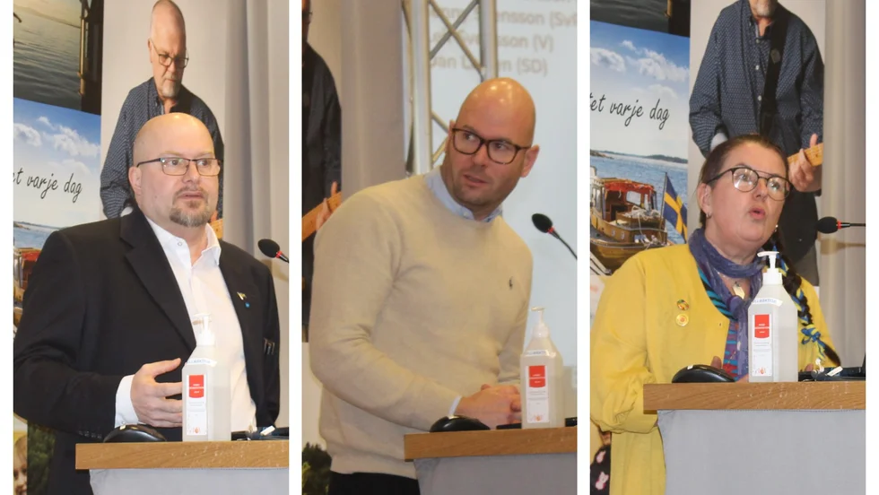 Från vänster Dan Larsen (SD), Jon Sjölander (M) och  Akko Karlsson (MP).