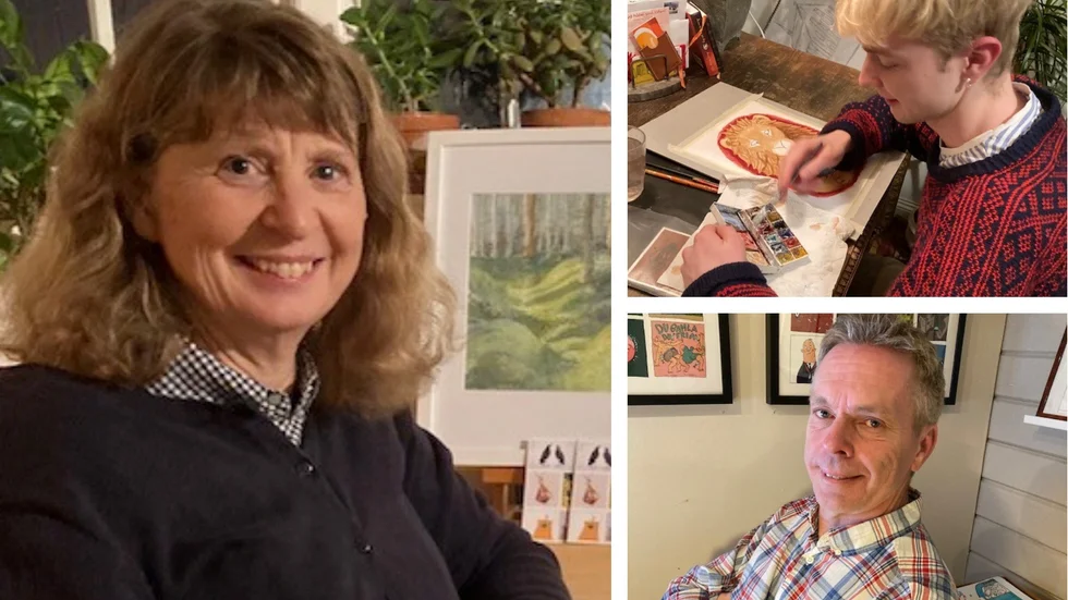 Cathrin och Johan Hesselstrand och deras son Erik, alla konstnärer från Vadstena, ställer ut i samma utställning i Linköping. Bilden är ett montage.