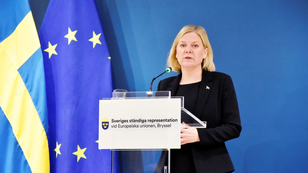 Statsminister Magdalena Andersson (S) håller pressträff på svenska EU-representationen i Bryssel inför torsdagens toppmöte mellan EU och AU.