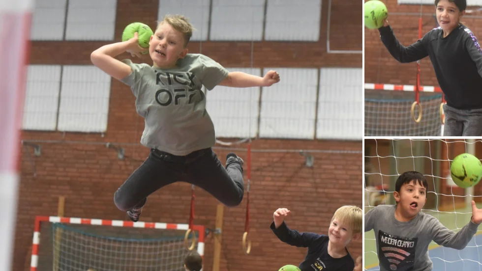 Melvin Karlqvist, t.v, och hans kompisar i Hultsfred fick chansen att prova på handboll enligt konceptet "Hand the Ball" på fredagen.