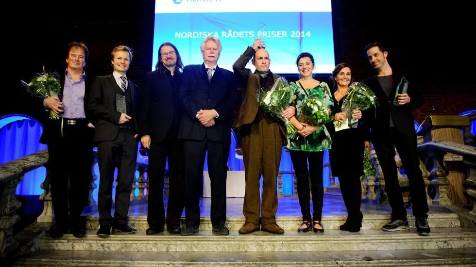 Alla vinnarna. Kjell Westö, Finland,  Håkon Övreås och Öyvind Torseter, Norge, filmpristagare Fririk Ûr Frriksson och Benedikt Erlingsson, Island, Miljöpristagare, representanter för Reykjaviks kommun Hrönn Hrafnsdottir och Olöf Örvarsdottit och musikpristagare Simon Steen-Andersen, Danmark.