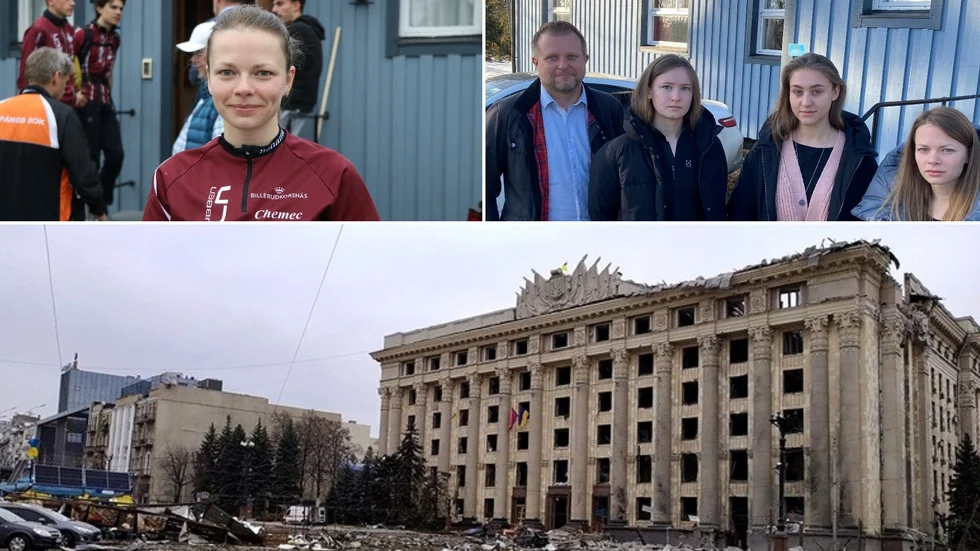 På fritiden tävlar Yevgeniia Veremeienko för OK Denseln. På bilden till höger syns Jonny Carlsson, vice ordförande i OK Denseln, utanför klubbens lokaler tillsammans med Sofia Kolesnyk, Daria Tarasevych och Yevheniia Versemeienko dagen efter trion kom till Skärblacka. Under en bild från ett sönderbombat Charkiv. Yevheniias hemstad.
