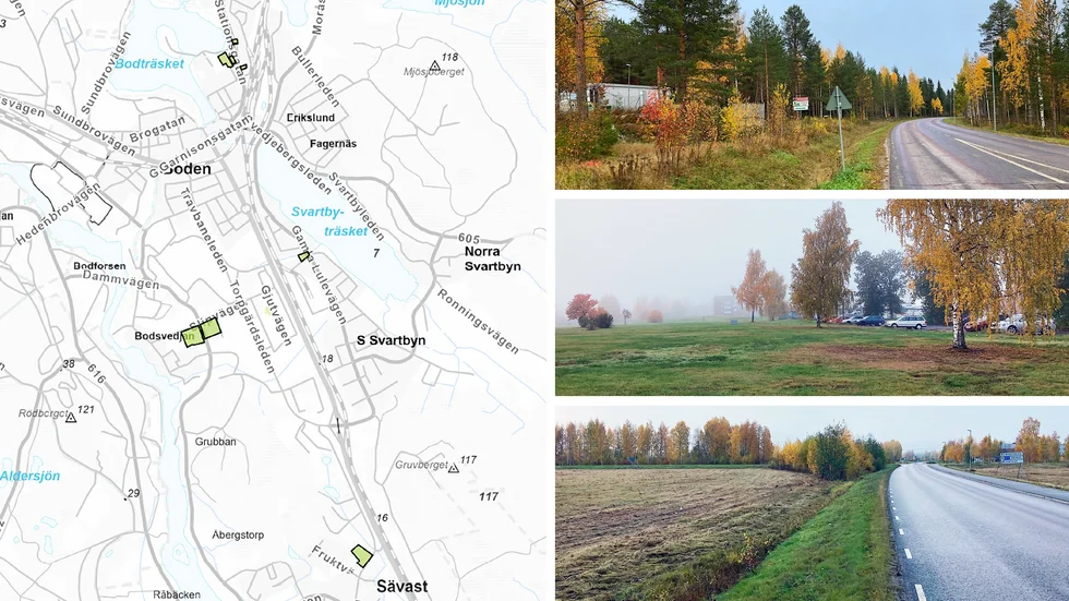 Här syns områden i Sävast på Fruktvägen, Prästholmen och korsningen Slipvägen/dammvägen längs ned som planeras för tillfälliga bostäder.