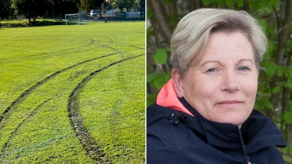 Djupa bilspår korsar Värmbols C-plan. Service- och tekniknämndens ordförande Anneli Hedberg till höger.