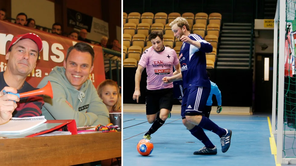 Boren futsal cup 2020 och Östgöta innefotboll cup 2015. Hur det blir i turneringens 40-årsjubileum 2023 klargjordes på möte på onsdagskvällen. Till vänster ses Kenny Ljungkvist och Erik Moberg, nu klubbchef, i Boren-sekretariatet. Till höger ses rosa lagets Daniel Demirel och Österstads Jesper Ivarsson i spel med stora mål.