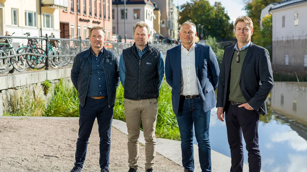 Mattias Kvist, FÖ Byggnads, Stefan Andersson, Byggconstruct, Per-Olov Östlund, FÖ Byggnads och Pär Karlsson, Byggconstruct ser nya samordningsvinster när företagen går samman.  