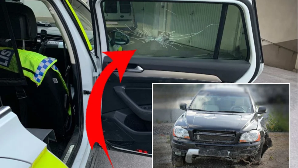 17-åringen misstänks ha haft kokain och hasch i kroppen när han enligt åtalet kraschade en stulen bil och sedan skallade sönder en bilruta inifrån. Den stulna bilen (lilla bilden) skrotades efteråt.