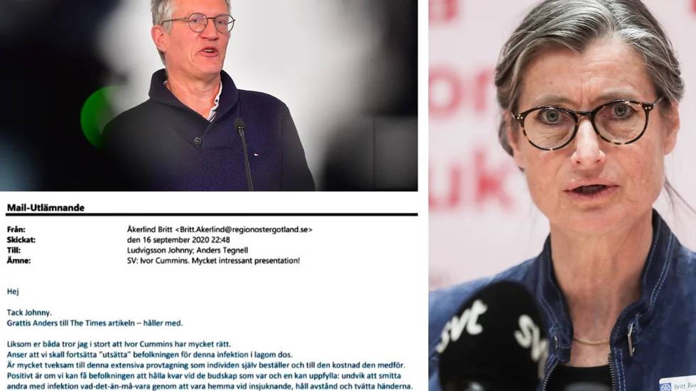 Östergötlands smittskyddsläkare Britt Åkerlind skriver i ett mail till Anders Tegnell att hon tycker att  befolkningen ska fortsätta att utsättas för coronaviruset.
