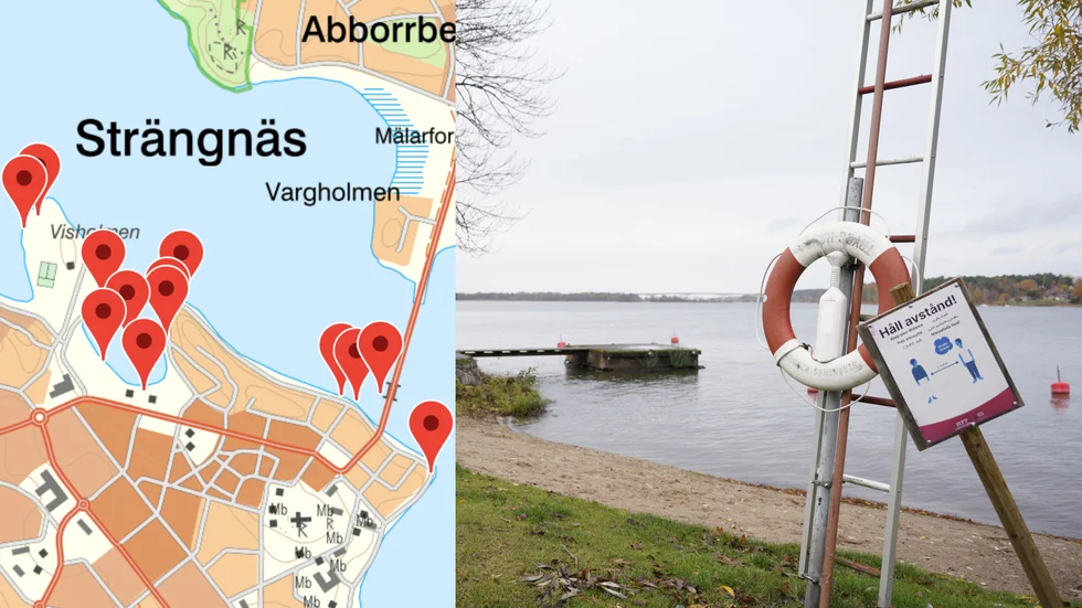 Avståndet mellan livbojar är väldigt stort längs Strandvägen och i sydöstra Strängnäs där Ångbåtsbon ligger. Varje markering på kartan motsvarar en livboj.