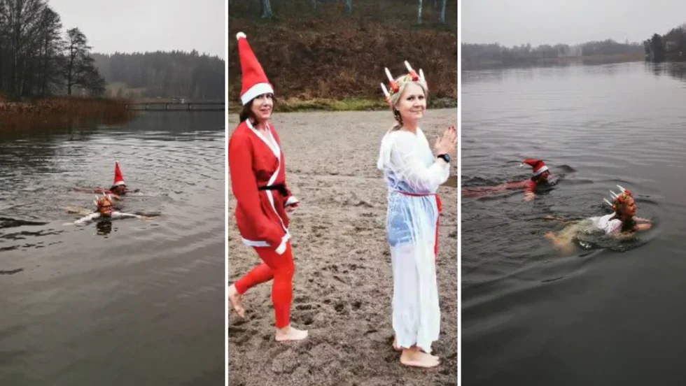 Åsa Ceder och Pernilla Ohlsson tog sig ett kyligt dopp i Malmköping på luciadagen. 