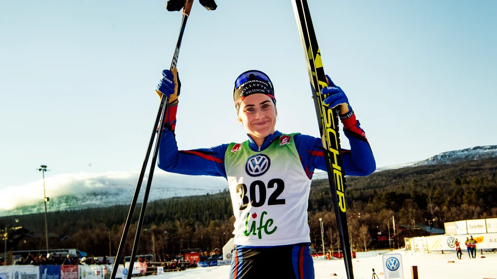 Ebba Andersson när hon vann 5 km fri stil under premiären i Bruksvallarna 2018. Arkivbild.