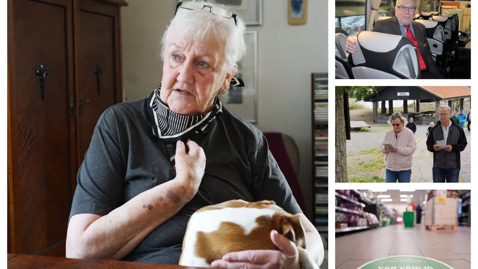 Från vänster medurs: Kristina Jonsson berättade om förlusten av maken Jonny i covid-19. Bussföretagaren Per-Inge Hallen fick se uppdragen för hans företag försvinna när resandet minskade. Bernt och Rose-Marie Alfredsson var en av deltagarna i VO:s bingopromenader på resorten. Till sist: 2020 var året då vi fick hålla avstånd i kassakön.