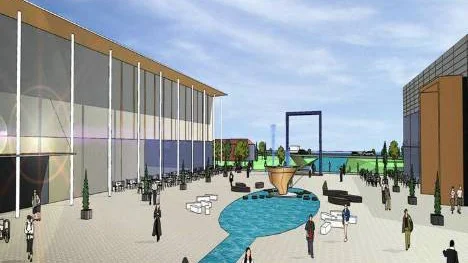 Torneås köpcentrum till vänster och Haparandas till höger. Mitt emellan ligger Gränstorget med en vattenkanal i mitten som visar var gränsen går. FOTO: Haparanda stad