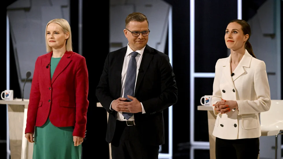 Sannfinländarnas partiledare Riikka Purra, Samlingspartiets partiledare Petteri Orpo och Socialdemokraternas partiledare Sanna Marin. Arkivbild.