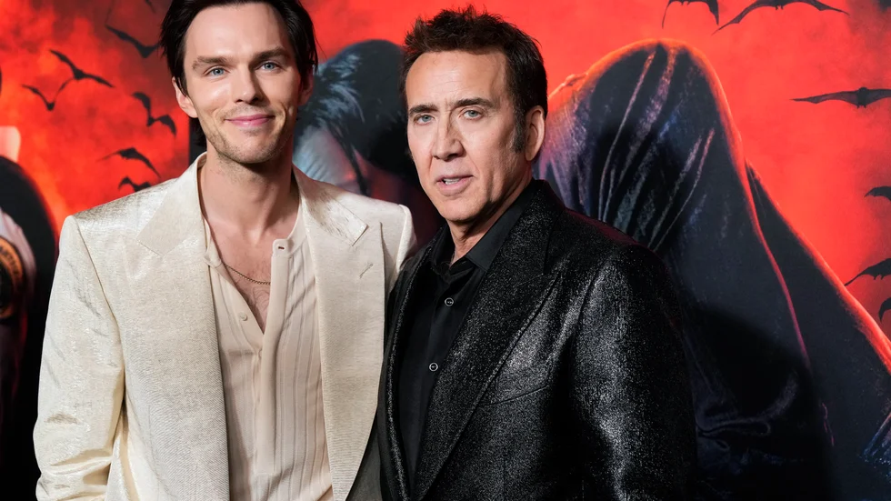 Nicholas Hoult tillsammans med Nicolas Cage på premiären för "Renfield" i New York i slutet av mars. Arkivbild.
