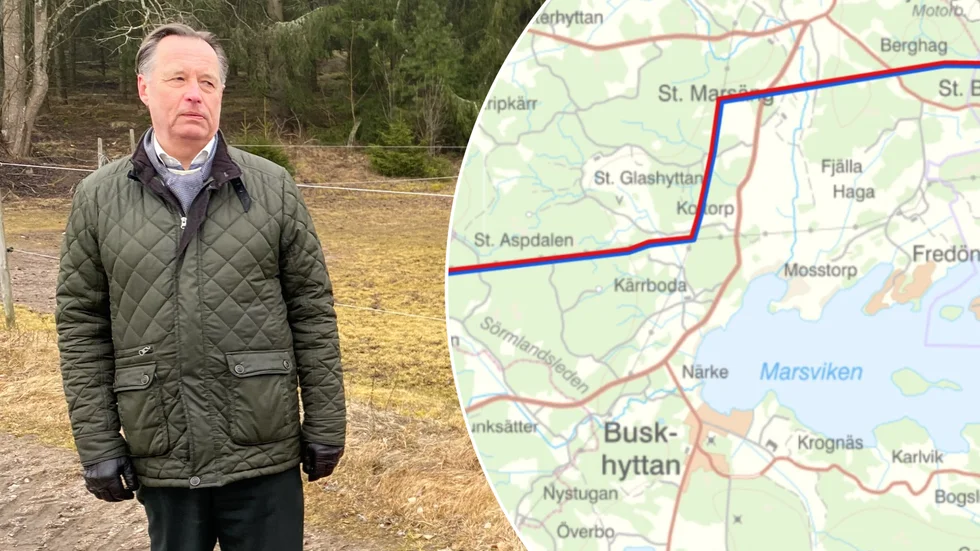 Med en krok ska kraftledningen vika av istället för att fortsätta längs med nuvarande kraftledning vid Stora Marsäng. "Kroken över min fastighet är helt omotiverad", säger markägaren Stefan Eriksson.