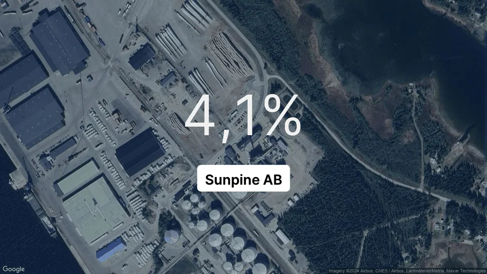 Illustrationen visar rörelsemarginalen för Sunpine för det senaste året. Bakgrunden är en satellitbild över företagets adress.