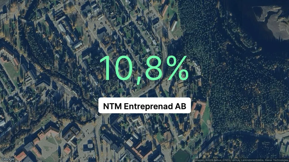 Illustrationen visar rörelsemarginalen för NTM Entreprenad för det senaste året. Bakgrunden är en satellitbild över företagets adress.