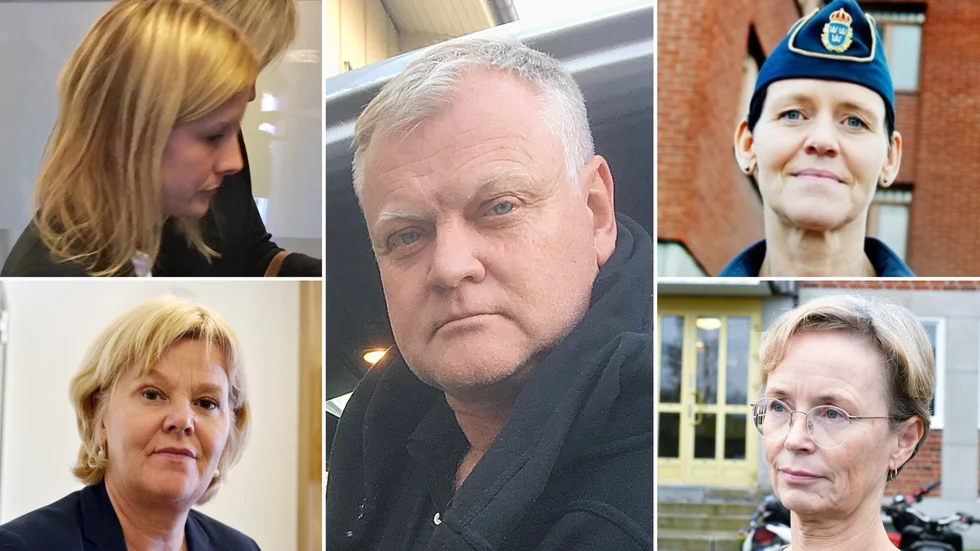 Brottsoffret Jörgen – och rättskedjans representanter. Jörgen Olsen utsattes för 18 år sedan för det förra Skellefteparets bedrägeribrott. Det mesta av skadeståndet har inte betalats ut. Från vänster åklagare Petra Hedberg, målsägandebiträdet Lena Isaksson, polisen Ewa Öström och tingsrättens chef Christel Lundmark berättar hur brottsoffer på olika sätt får hjälp och stöd.