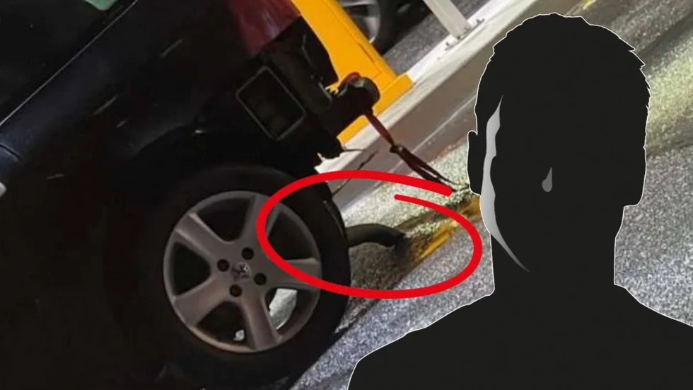 Här hänger avgasröret när bilen stannade till på bensinmacken.