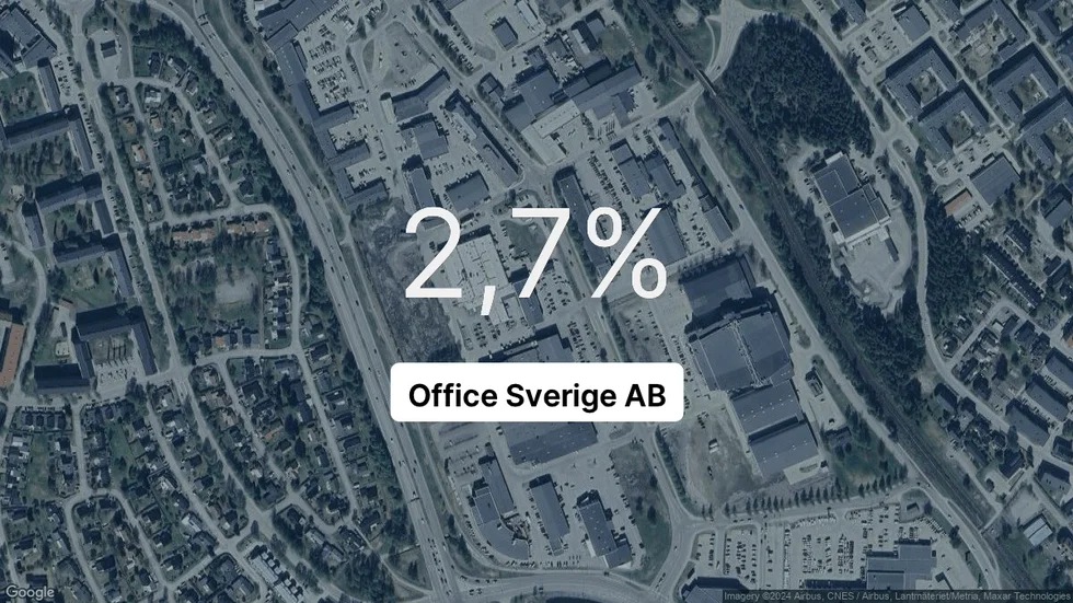Illustrationen visar rörelsemarginalen för Office Sverige för det senaste året. Bakgrunden är en satellitbild över företagets adress.