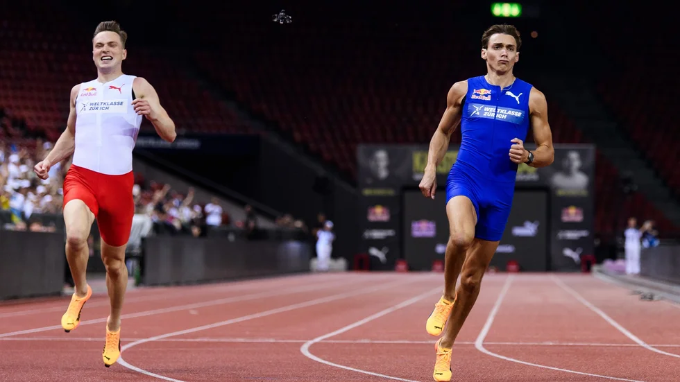 Armand Duplantis besegrade Karsten Warholm på 100 meter.
