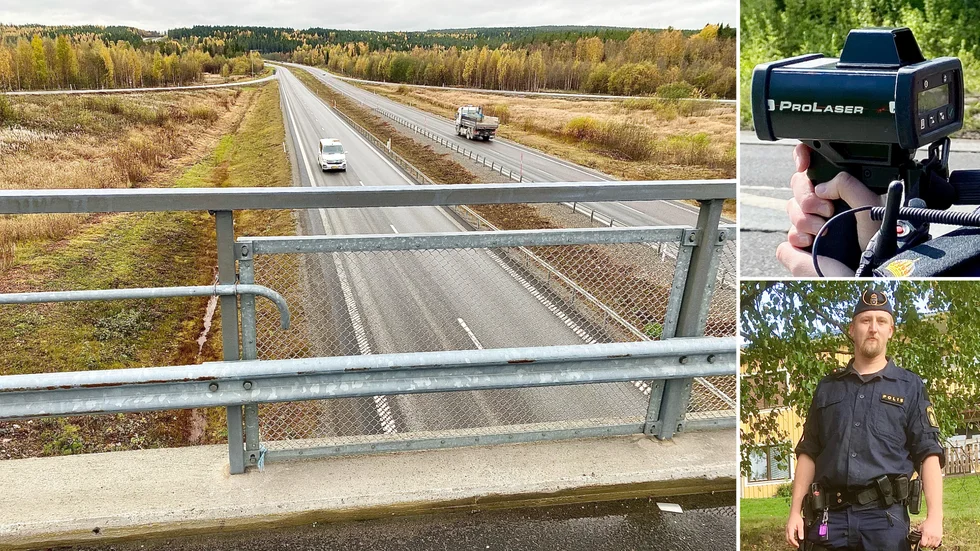 Vansinnesfärden på E4 norr om stan. Polisen Mikael Ekefjärd blev vittne till hur en 21-årig bilförare körde 239 kilometer i timmen i närheten av E4-viadukten vid avfarten till Boviken. ”Livsfarligt – och det skedde med tre personer i bilen”, påpekar han. 110 är högsta tillåtna hastigheten på sträckan.