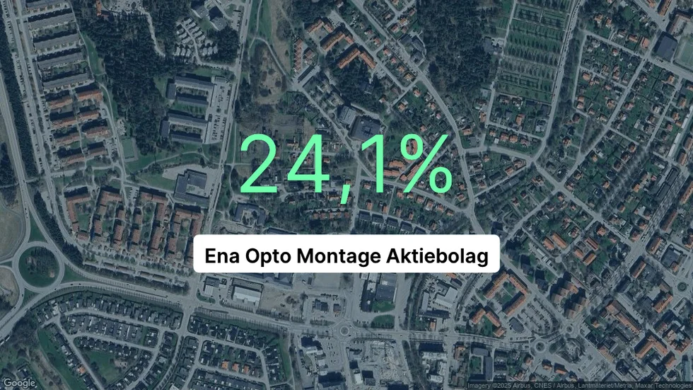 Illustrationen visar rörelsemarginalen för Ena Opto Montage för det senaste året. Bakgrunden är en satellitbild över företagets adress.