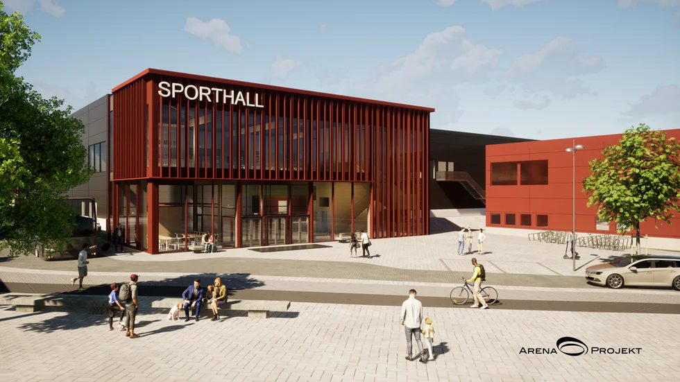 Den nya sporthallen på Larslunda IP – som här syns som en projicerad modell på bild – kan komma att bli lite billigare än vad man först trott. Badhuset intill väntas dock bli dyrare.