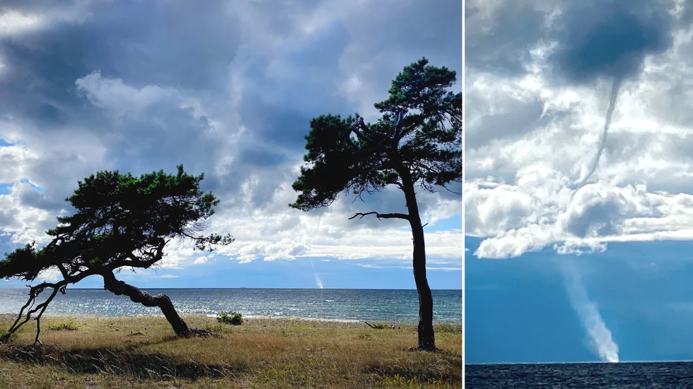 Den kraftiga tromben drog förbi söderut strax utanför Tofta i söndags den 10 juli och sågs av flera personer på stranden. Vatten 
