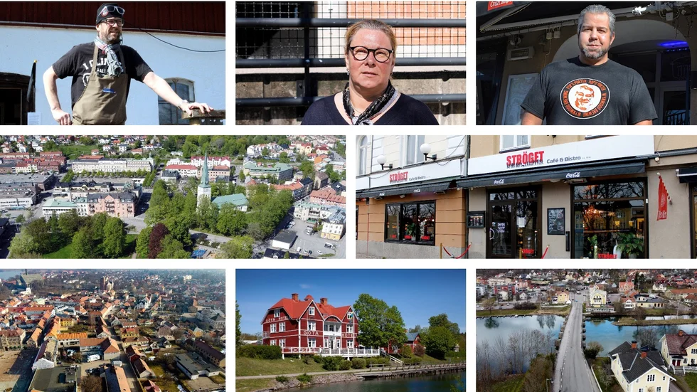 Staffan Linde på Ladugård 206 utanför Vadstena, Jessica Björk, vd på Motala Folkets Hus, Nader Moini på Berggrens Öltapp i Motala, Motalavy, Restaurang Ströget i Motala, Vadstenavy, Göta Hotell i Borensberg, Borensbergsvy. Arkivbilder. 
