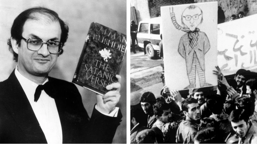 Salman Rushdie visar stolt upp sin roman "Satansverserna" 1989. Samtidigt rasar våldsamma protester i Teheran emot den och muslimska studenter vill se honom hängd.