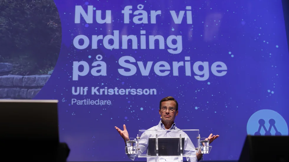Partiledare Ulf Kristersson talar under Moderaternas valupptakt i Norrköping under torsdagen.