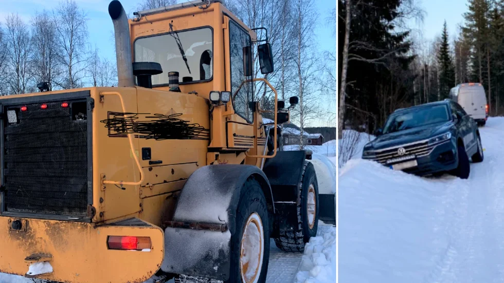 Polisbilen hamnade i diket när föraren tvingades väja för hjullastaren.