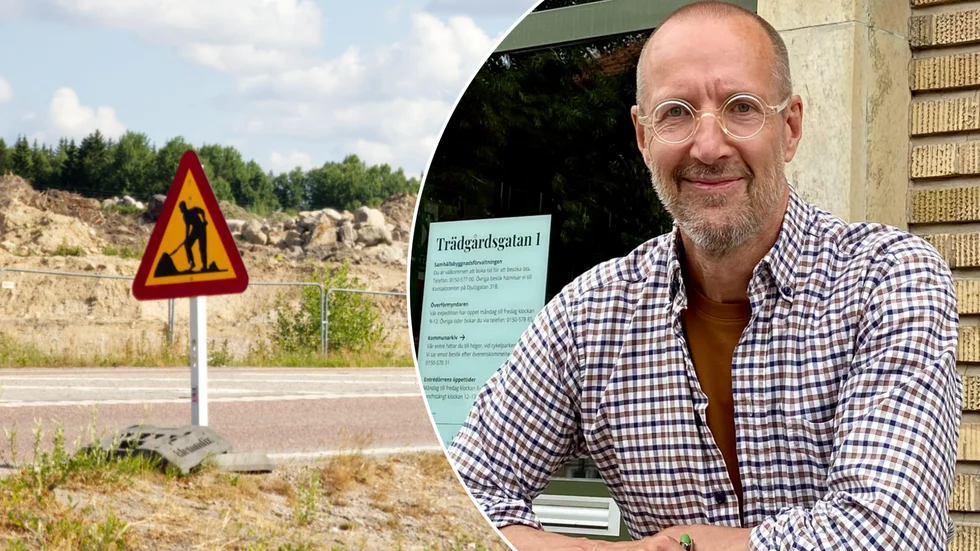 Markarbetet mittemot Burger king, kallat Lövåsen-Uppsala, påverkas på grund av att kommunen och Sörmland vatten sagt upp avtalet med entreprenören Bygg och schakt. På bilden syns också samhällsbyggnadschef Magnus Runesson.