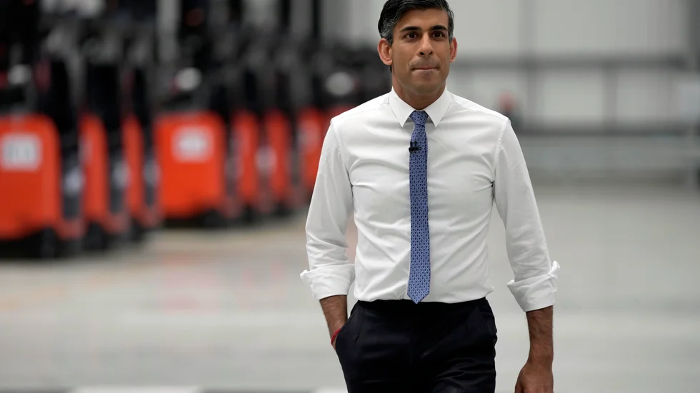 Storbritanniens premiärminister Rishi Sunak på besök i det engelska grevskapet Kent förra veckan. Arkivbild.