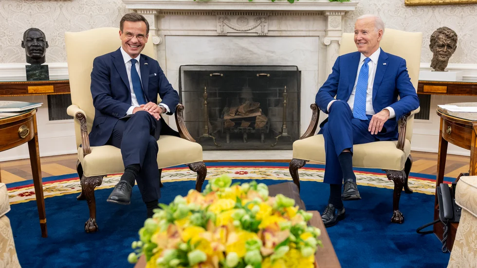 Statsminister Ulf Kristersson och USA:s president Joe Biden i Ovala rummet i Vita huset.