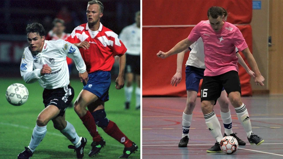 Förr och nu. Daniel Leinar i match för Motala AIF mot Gunnilse i division 1 1996 och för rosa laget i Kristberg cup 2022. I veckan röstades han fram som läsarnas favoritforward i Maif.